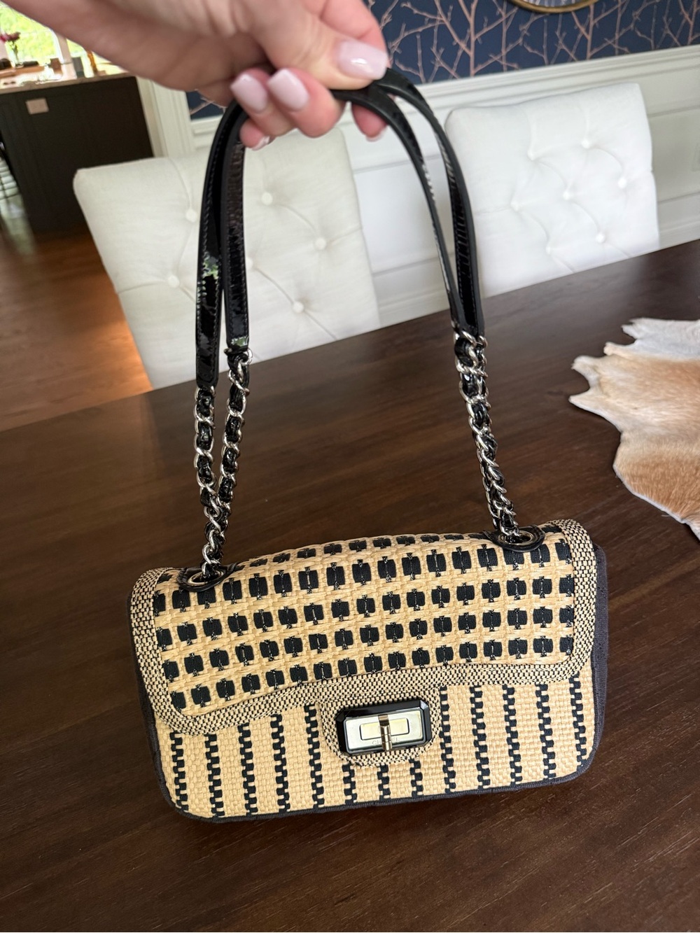 CHANEL Raffia Shoulder Bag with Chain Handle. Black & Natural. Auth cards, bag!